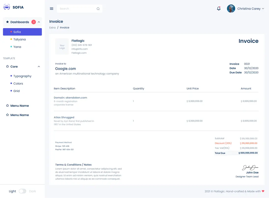 Sofia CRM invoice layout interface