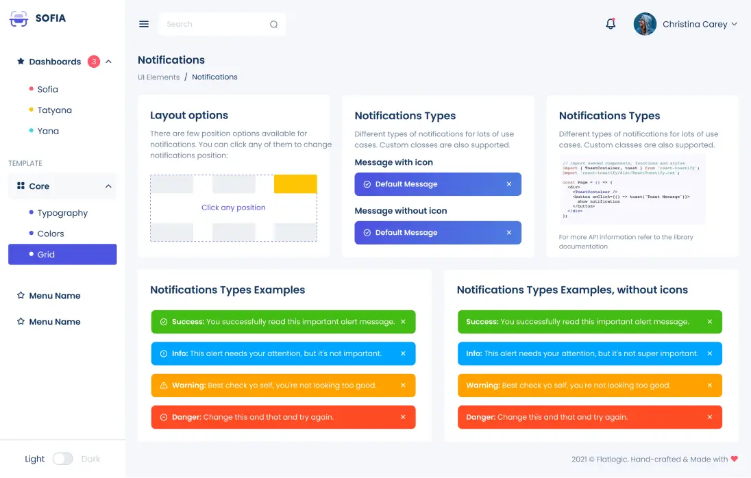 Sofia CRM notifications interface