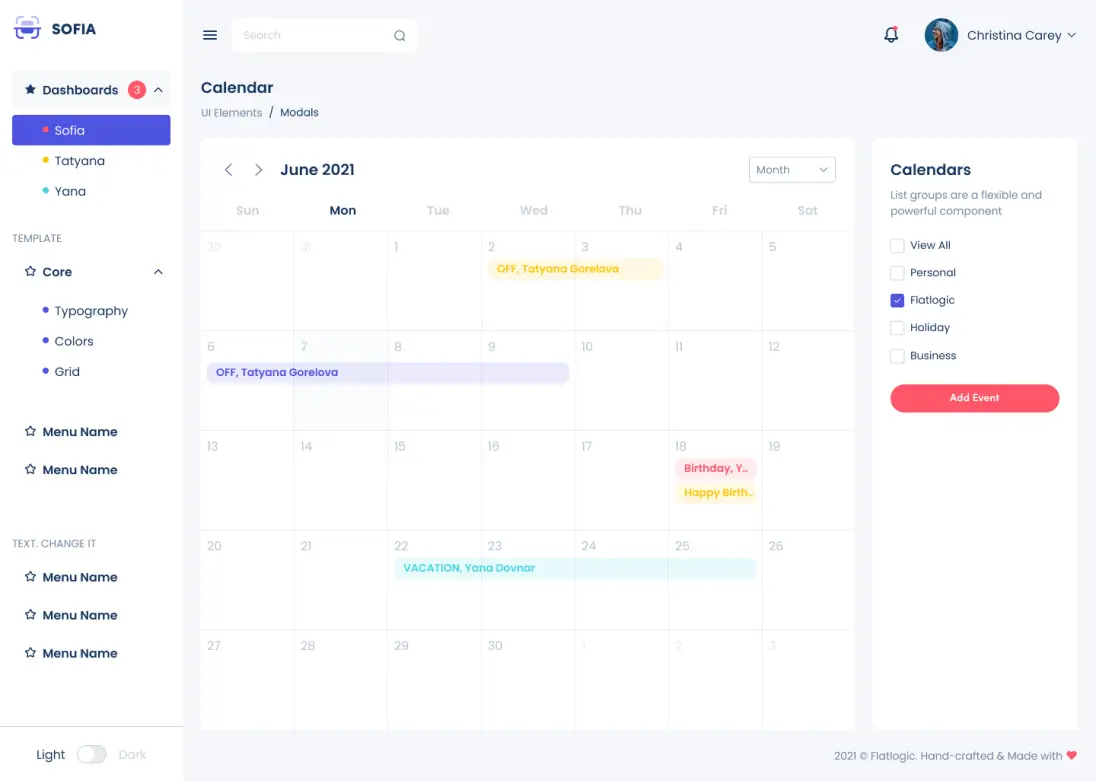 Sofia CRM event scheduler interface