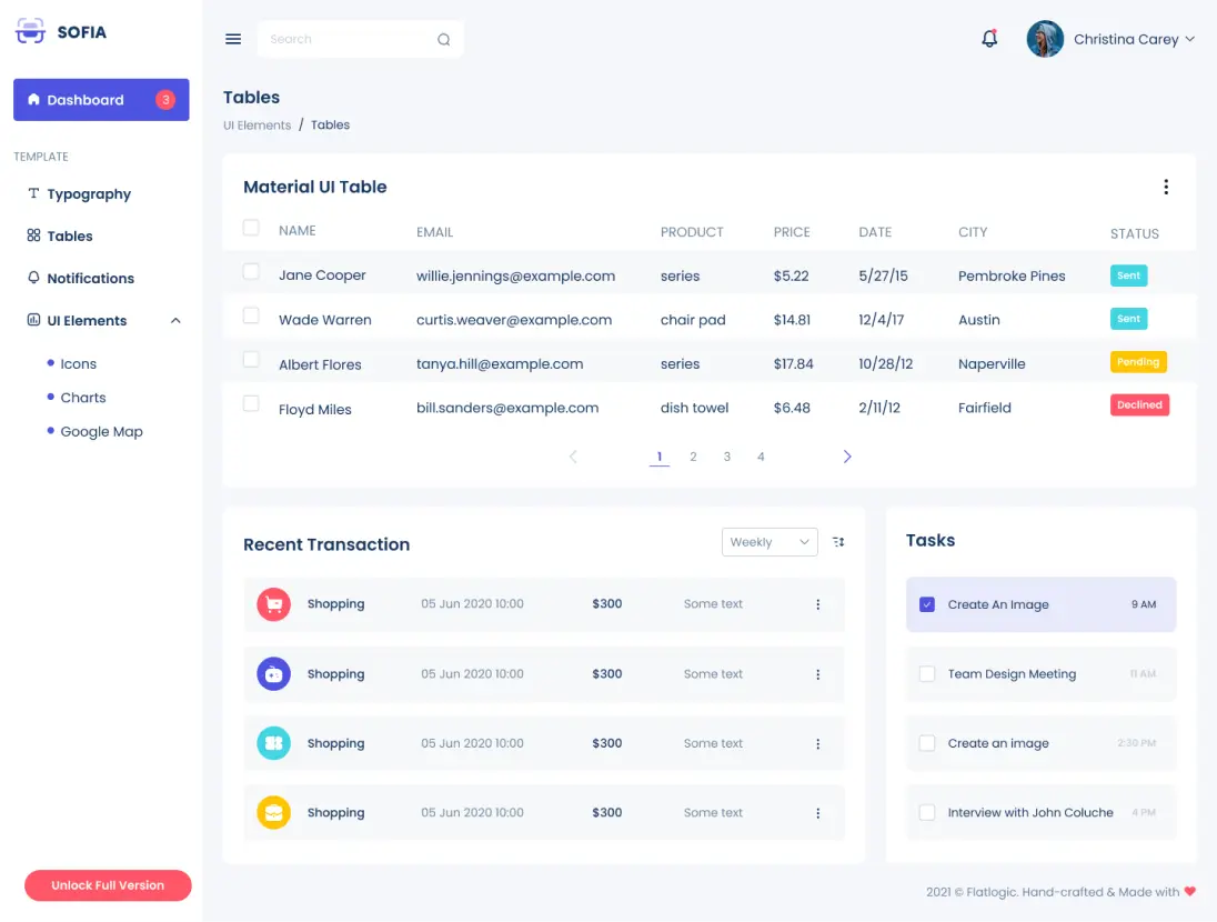 Sofia CRM table styles interface